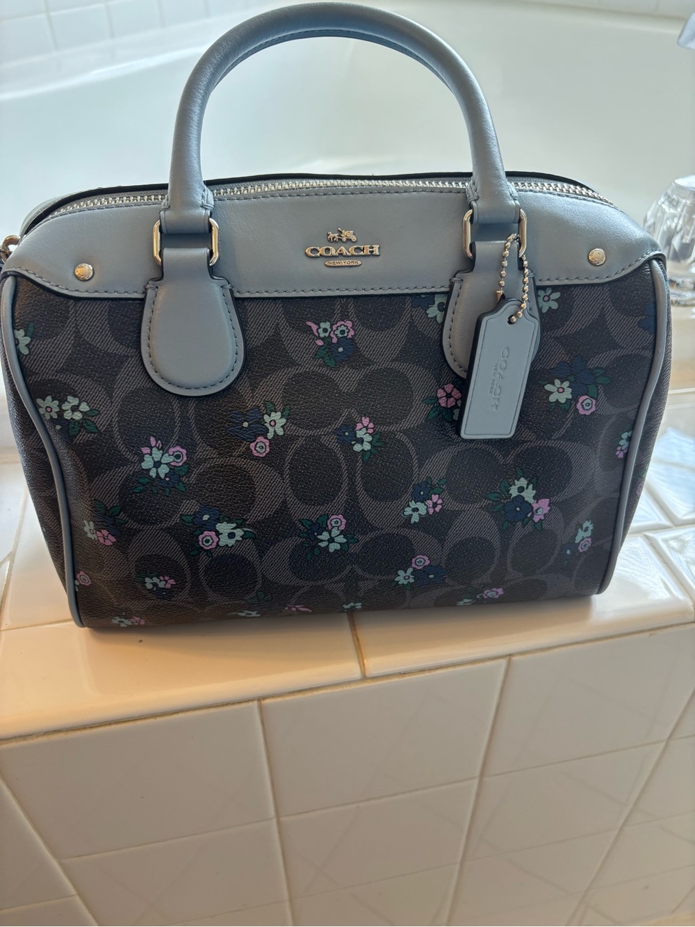 Coach Floral Signature Satchel Handbag - Light Blue Trim